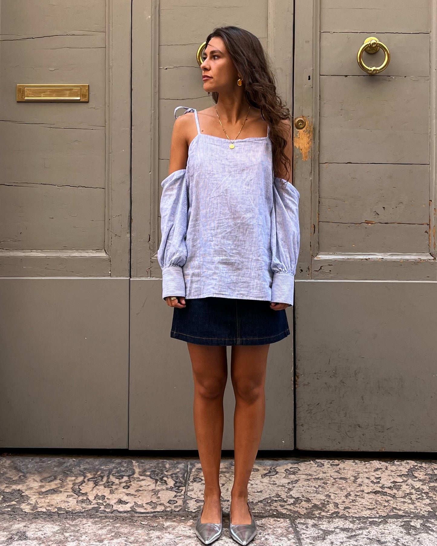 Top con maniche staccabili righe blu