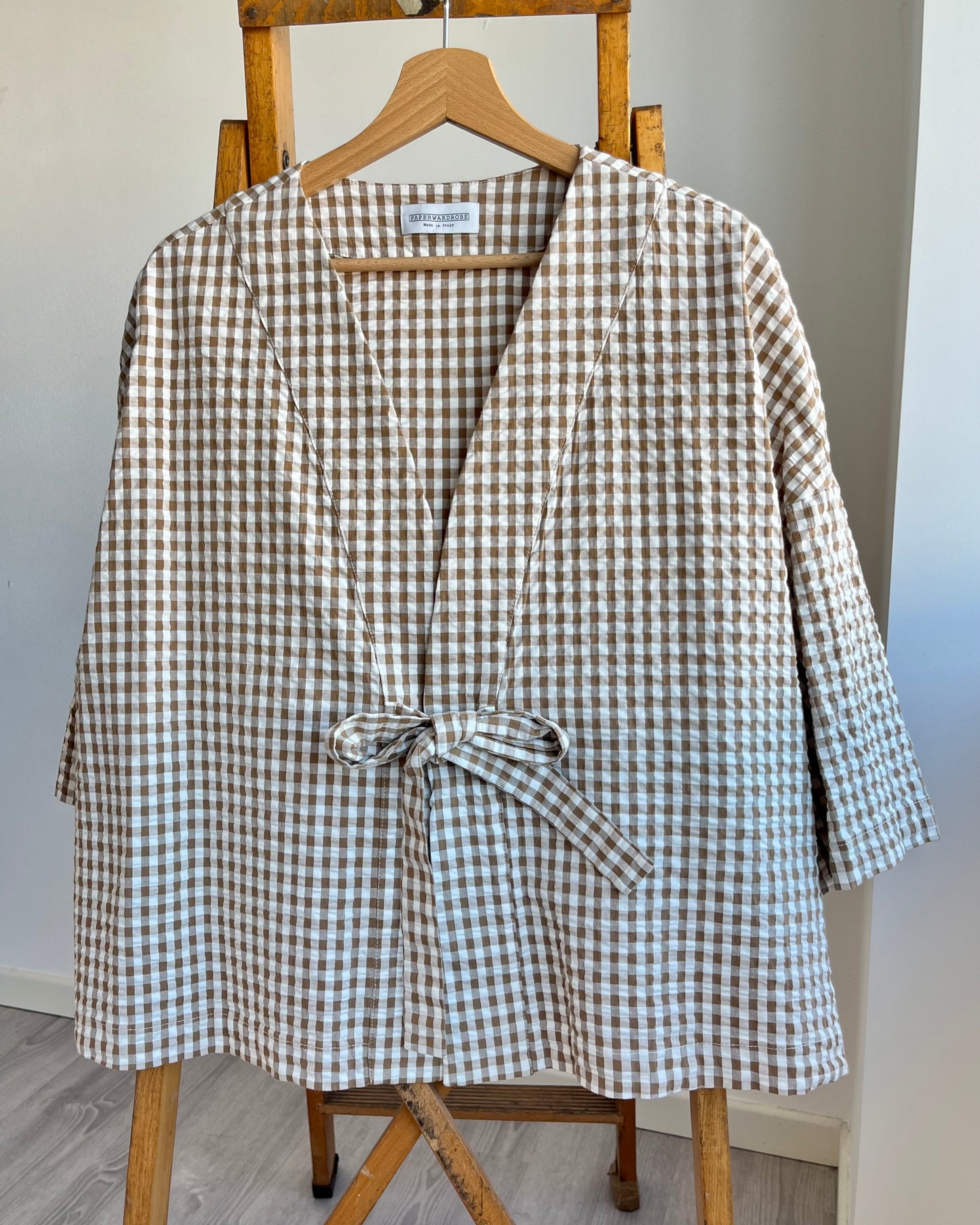 Kimono vichy sabbia e bianco