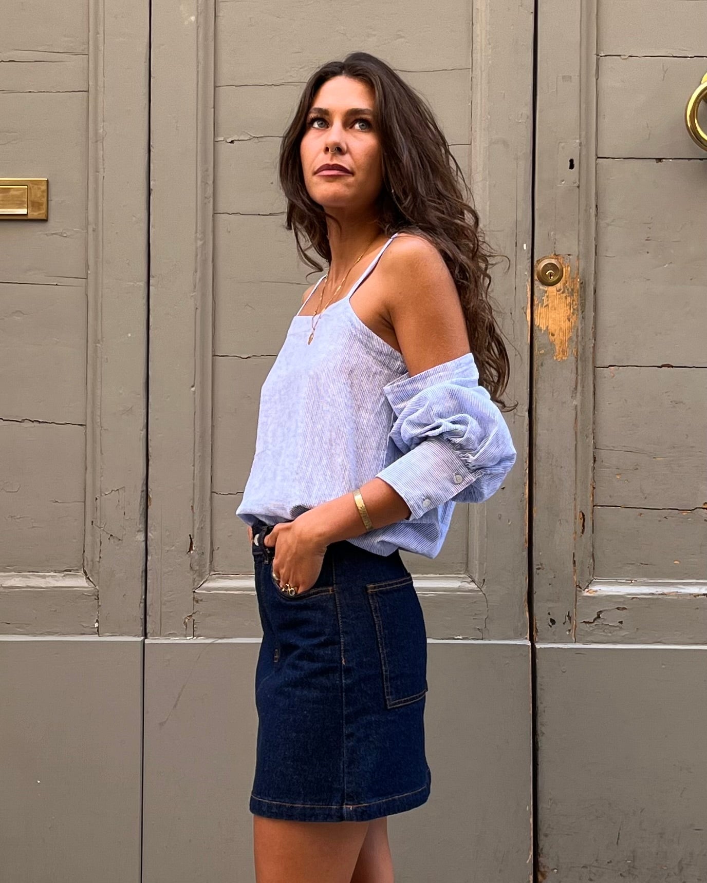 Top con maniche staccabili righe blu