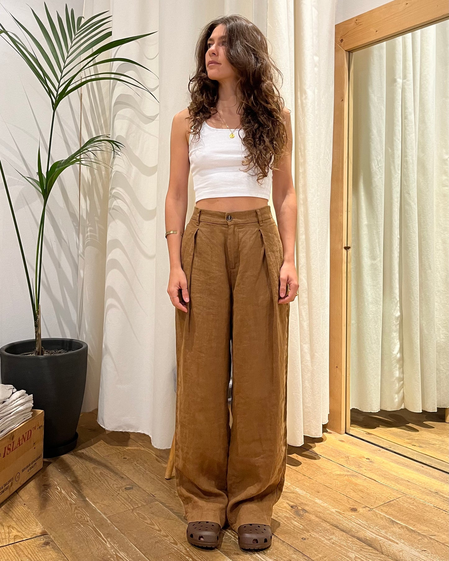 Pantaloni Tribeca lino tabacco