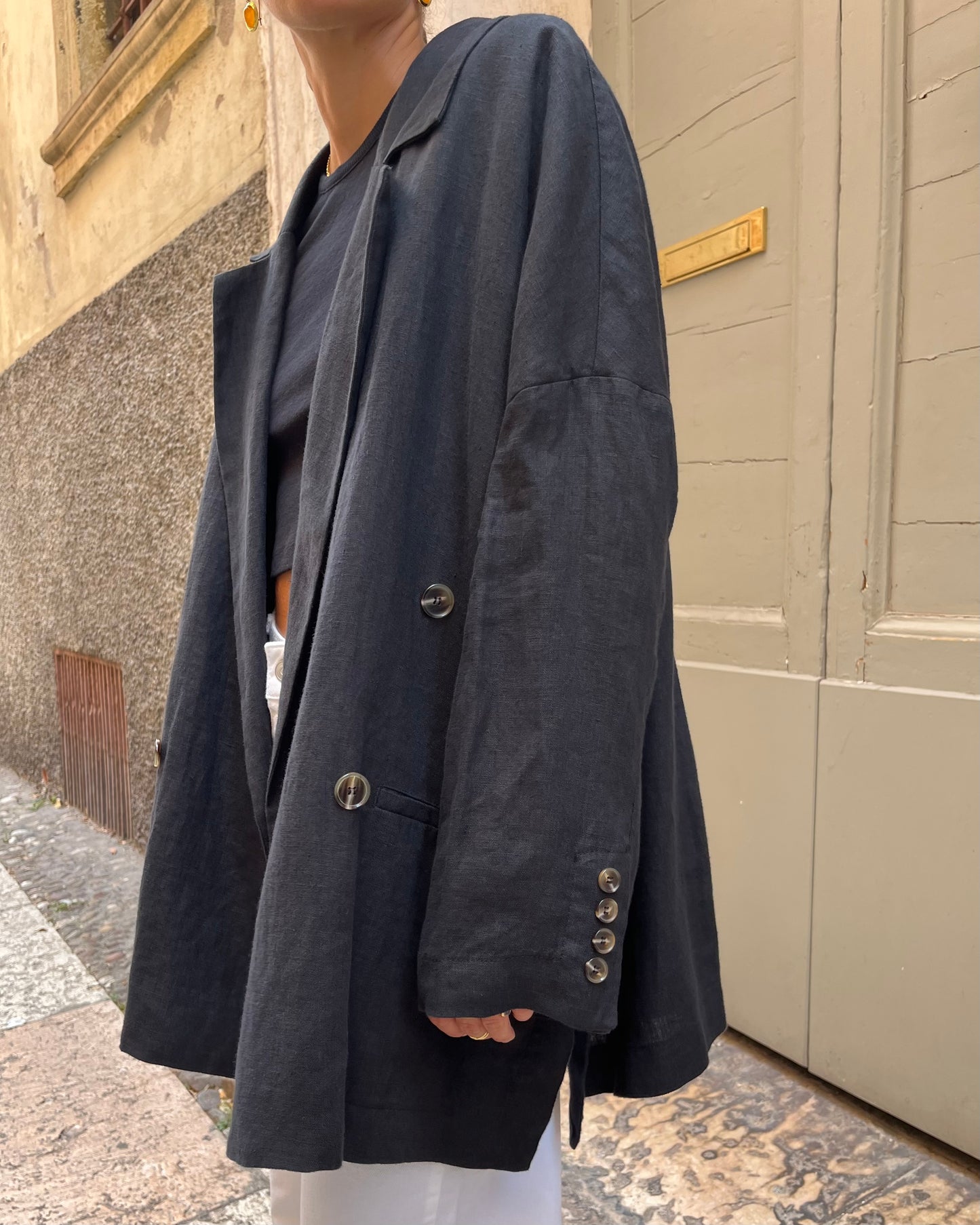 Blazer con spacchi lino nero