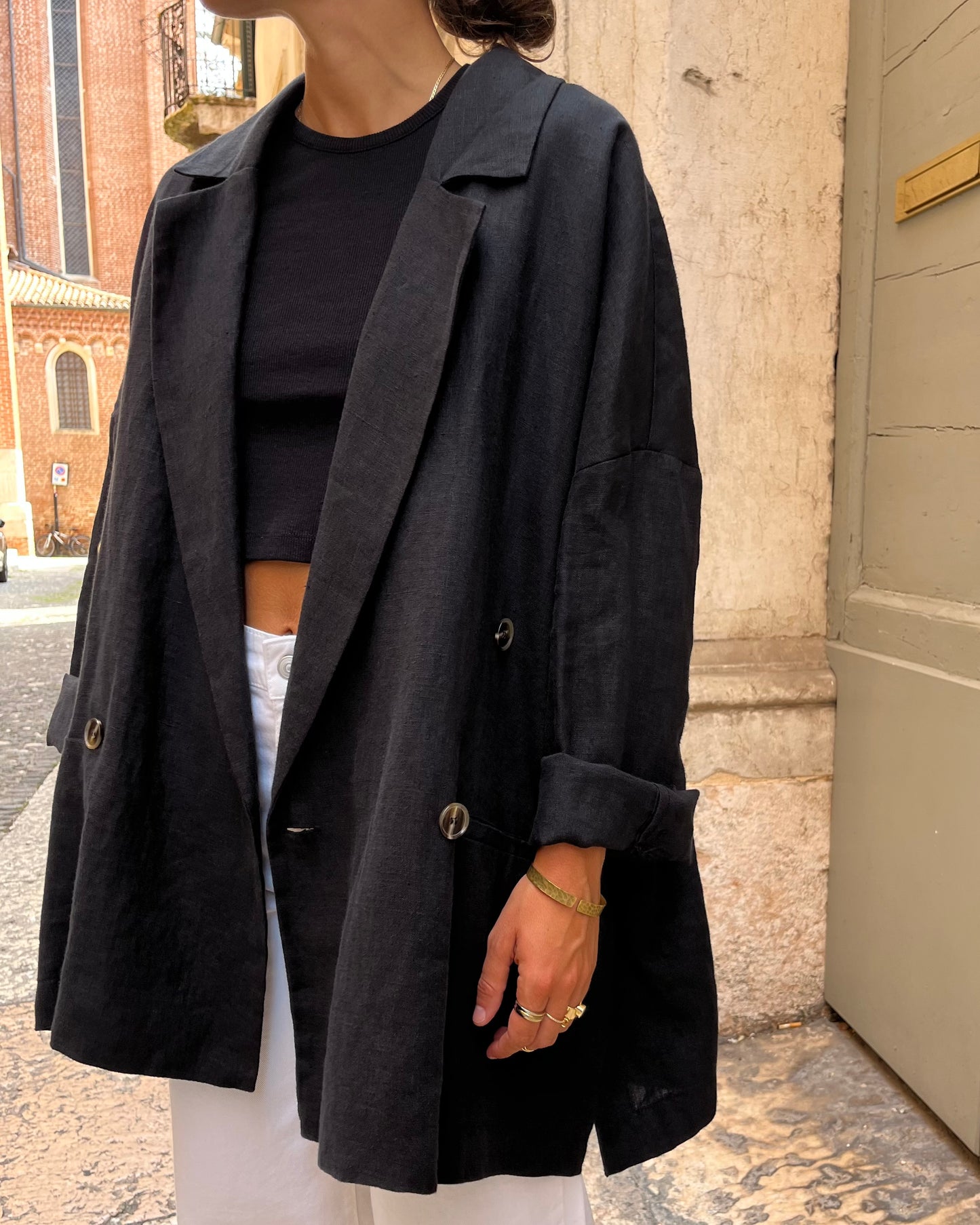Blazer con spacchi lino nero