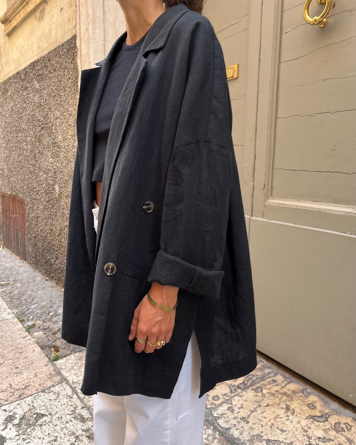 Blazer con spacchi lino nero