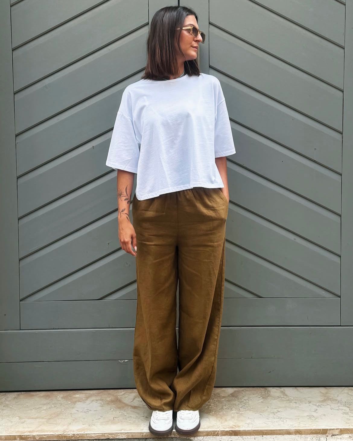 Pantaloni lunghi in lino tabacco