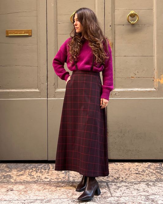 Gonna con bretelle tartan bordeaux