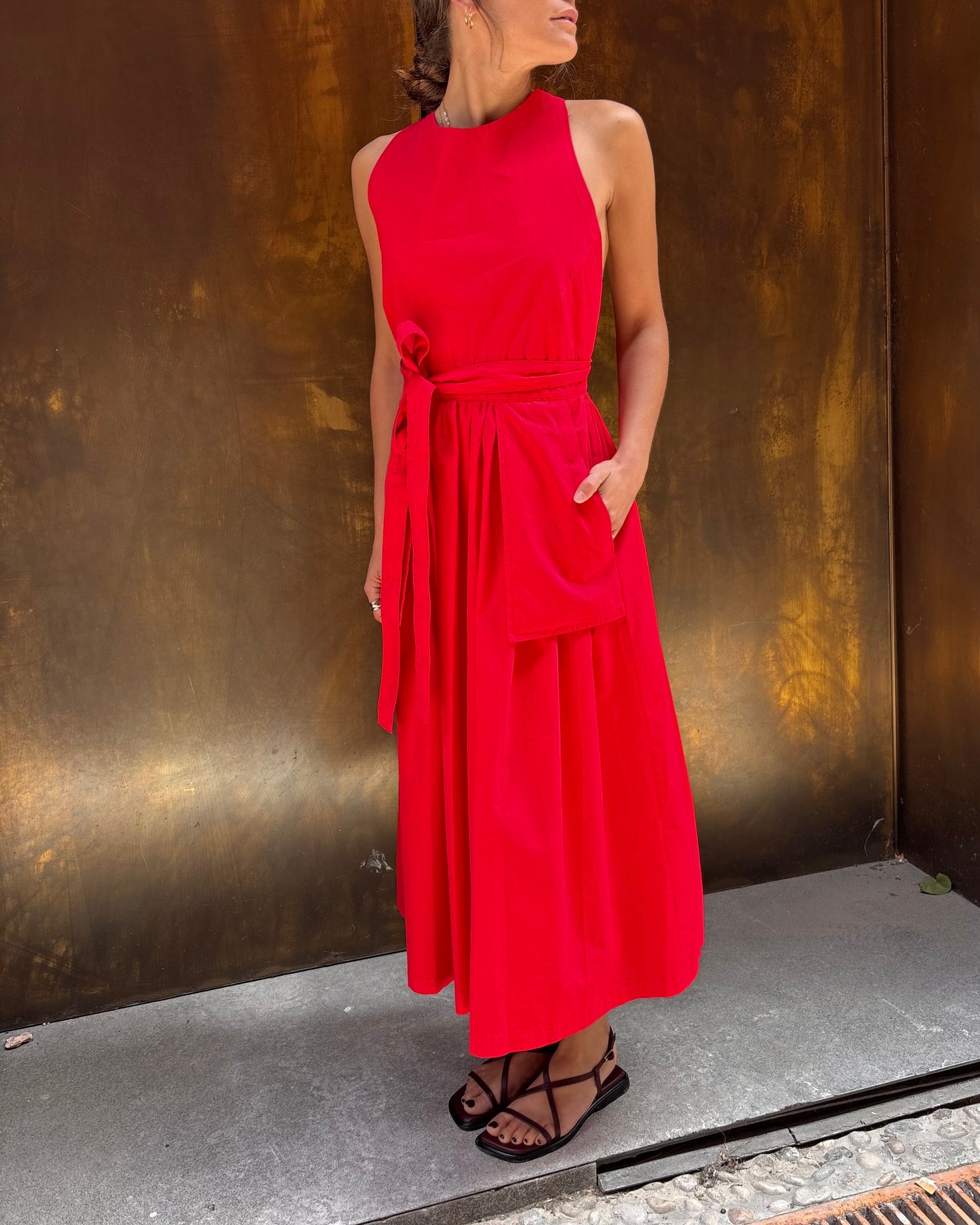 Vestito lacci e tasconi rosso