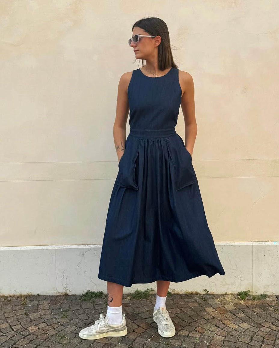 Vestito lacci e tasconi blue denim