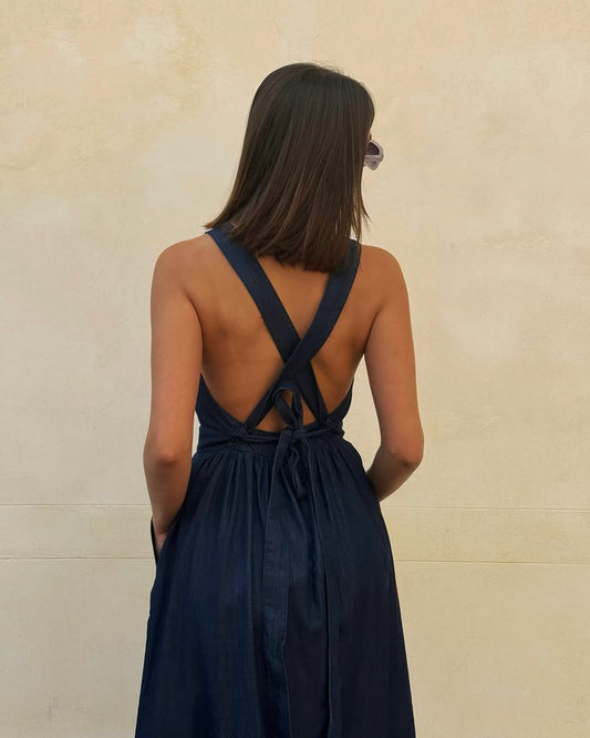 Vestito lacci e tasconi blue denim