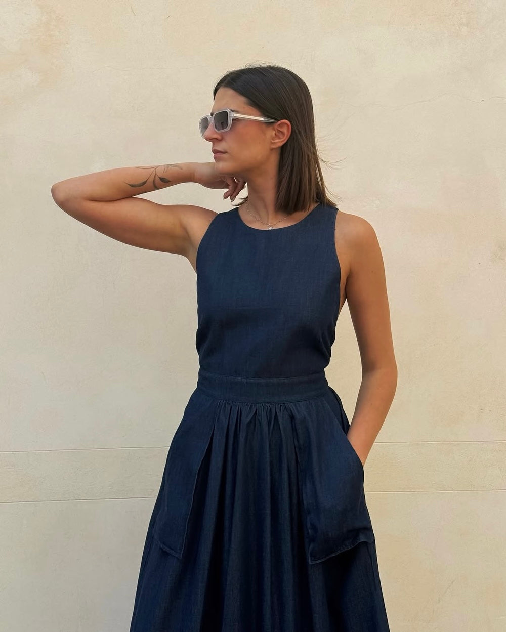 Vestito lacci e tasconi blue denim