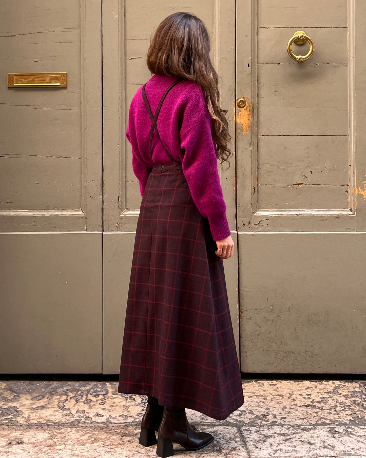 Gonna con bretelle tartan bordeaux