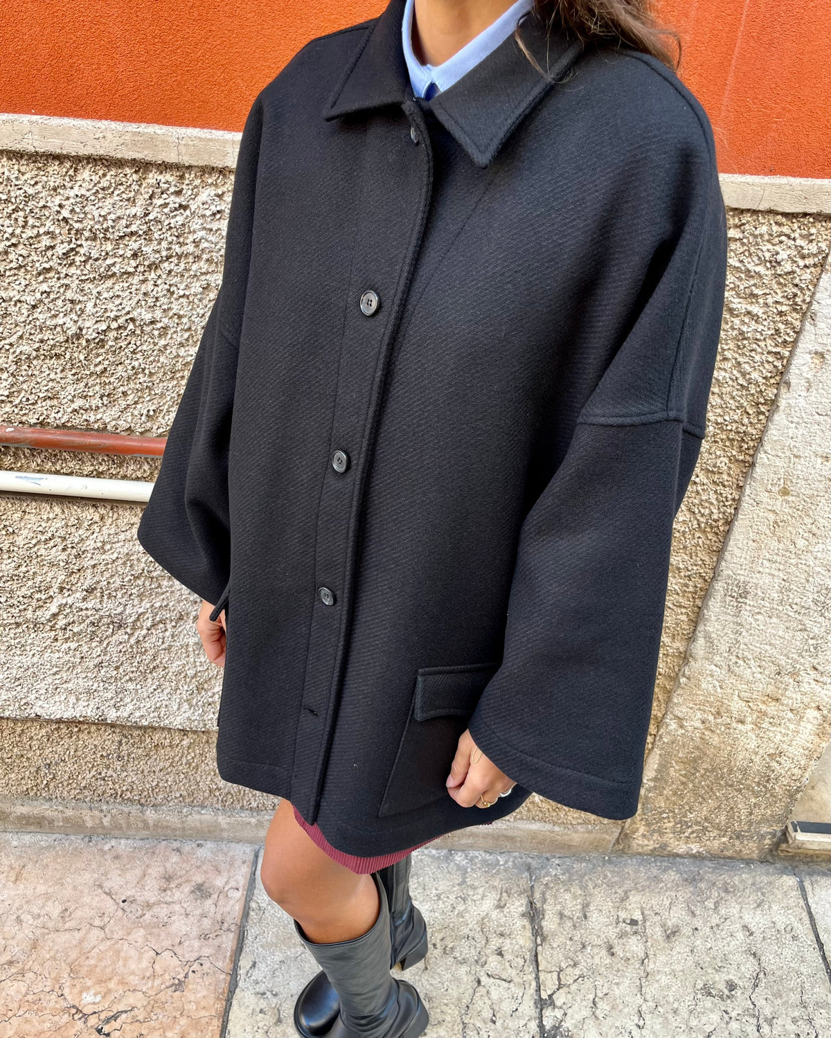 Butterfly coat nero in lana
