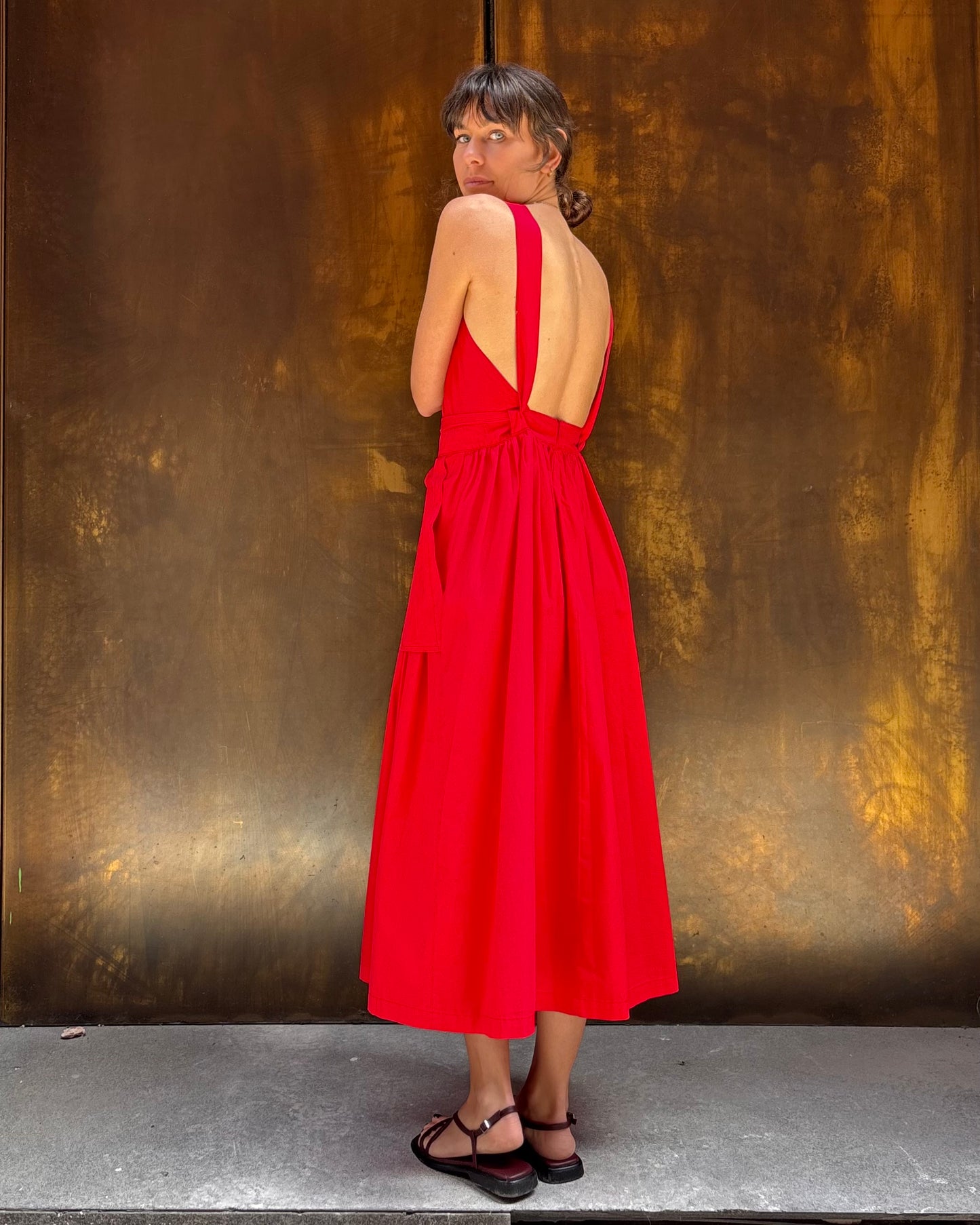 Vestito lacci e tasconi rosso